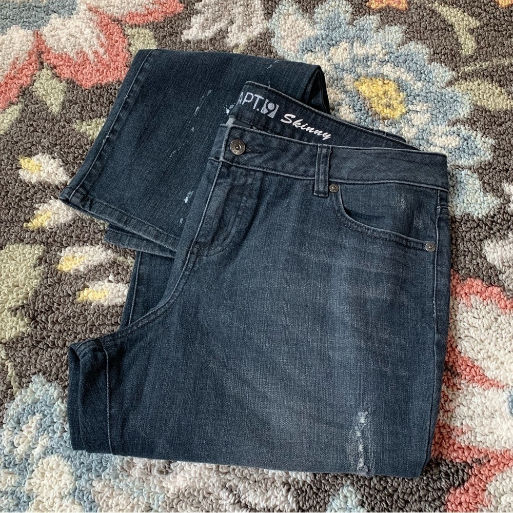 #142 Apt 9 Distressed Maxwell Skinny Charcoal Denim Blue Jeans Classic Pants 14